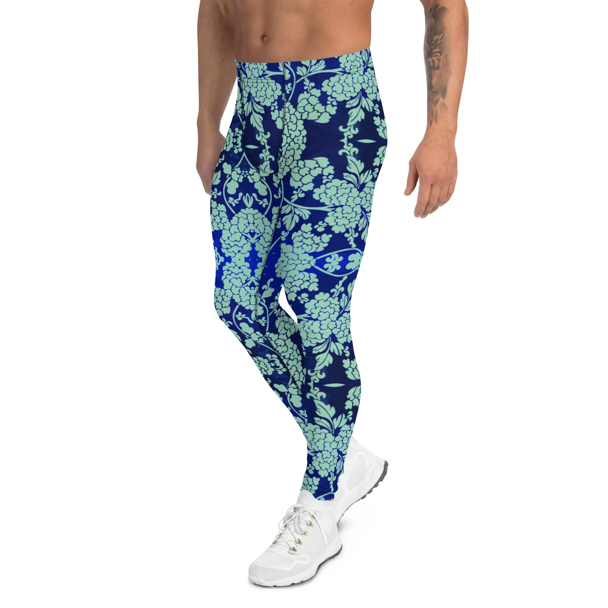 Blue Floral Print Men's Leggings, Best Blue Oriental Style Floral Print Meggings Compression Tights - Made in USA/EU/MX