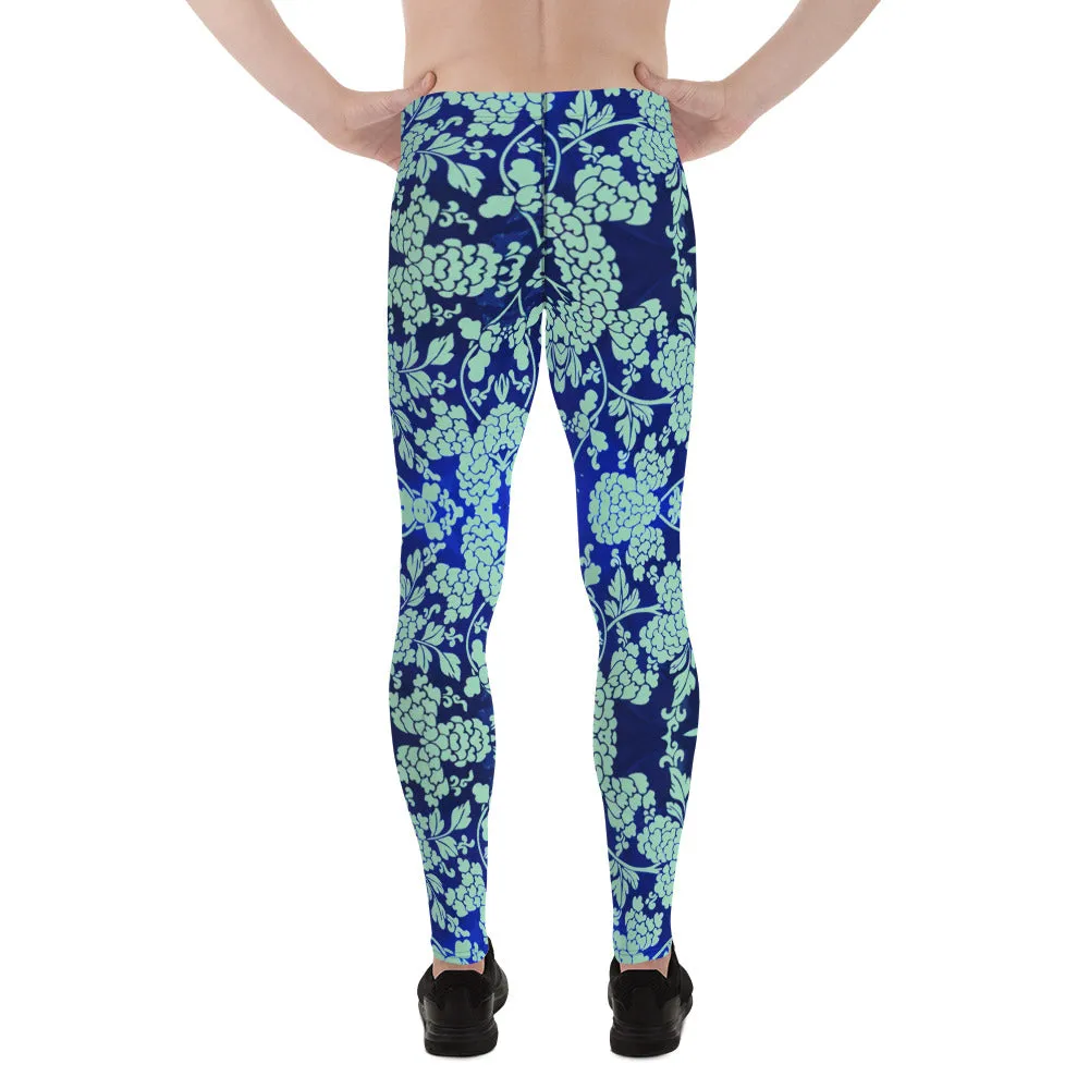 Blue Floral Print Men's Leggings, Best Blue Oriental Style Floral Print Meggings Compression Tights - Made in USA/EU/MX