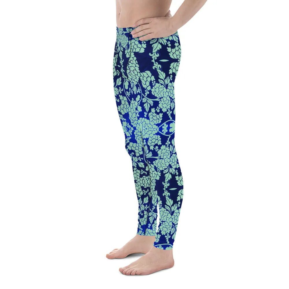 Blue Floral Print Men's Leggings, Best Blue Oriental Style Floral Print Meggings Compression Tights - Made in USA/EU/MX