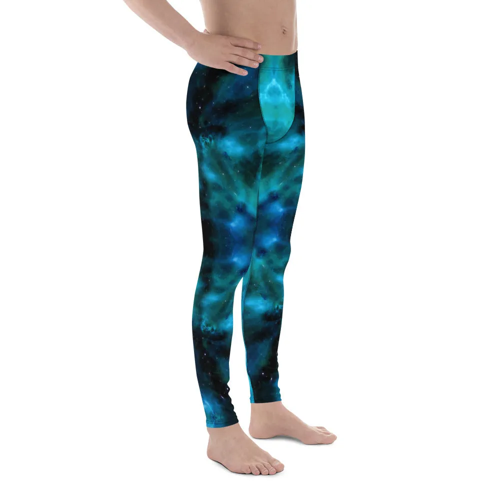 Blue Galaxy Men's Leggings, Mens Galaxy Lightning Storm Pants, Thunder Lightning Leggings For Men-Made in USA/EU/MX