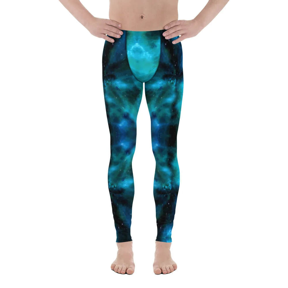 Blue Galaxy Men's Leggings, Mens Galaxy Lightning Storm Pants, Thunder Lightning Leggings For Men-Made in USA/EU/MX