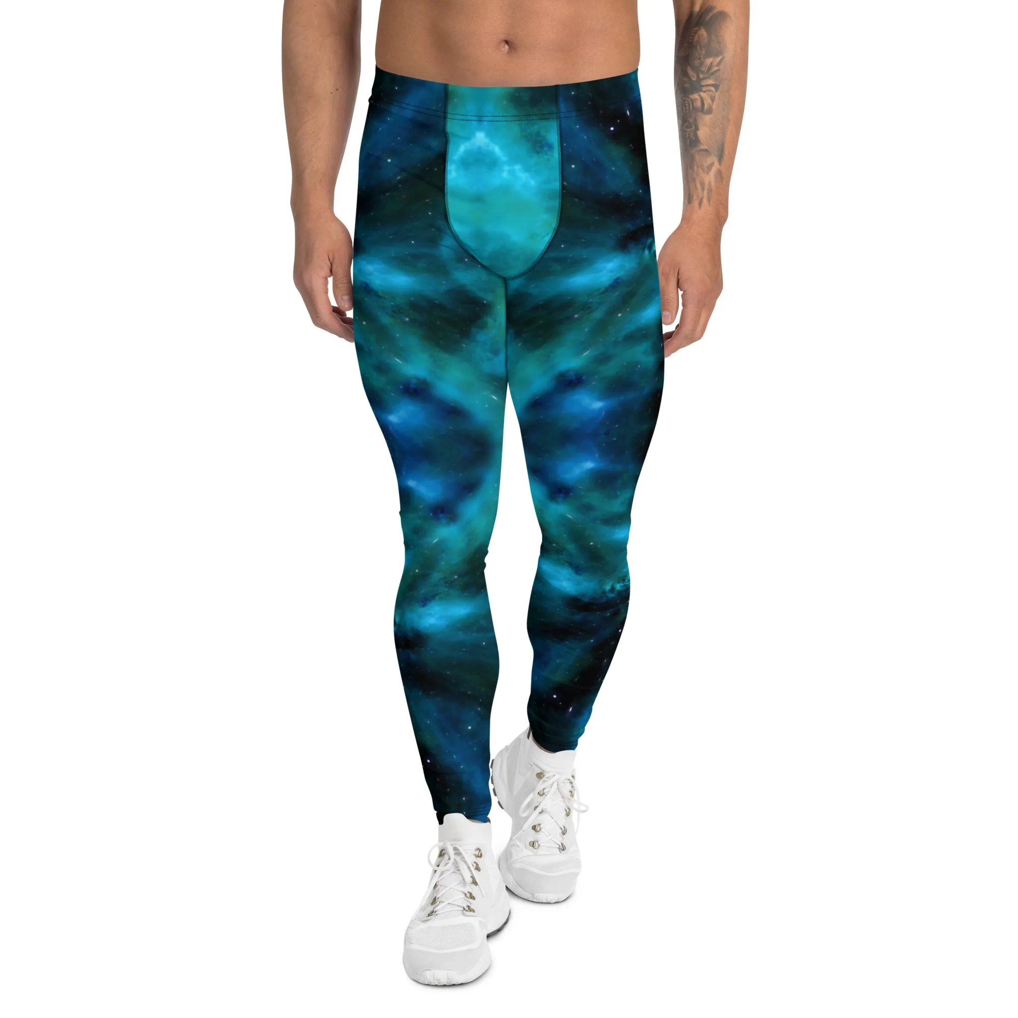 Blue Galaxy Men's Leggings, Mens Galaxy Lightning Storm Pants, Thunder Lightning Leggings For Men-Made in USA/EU/MX