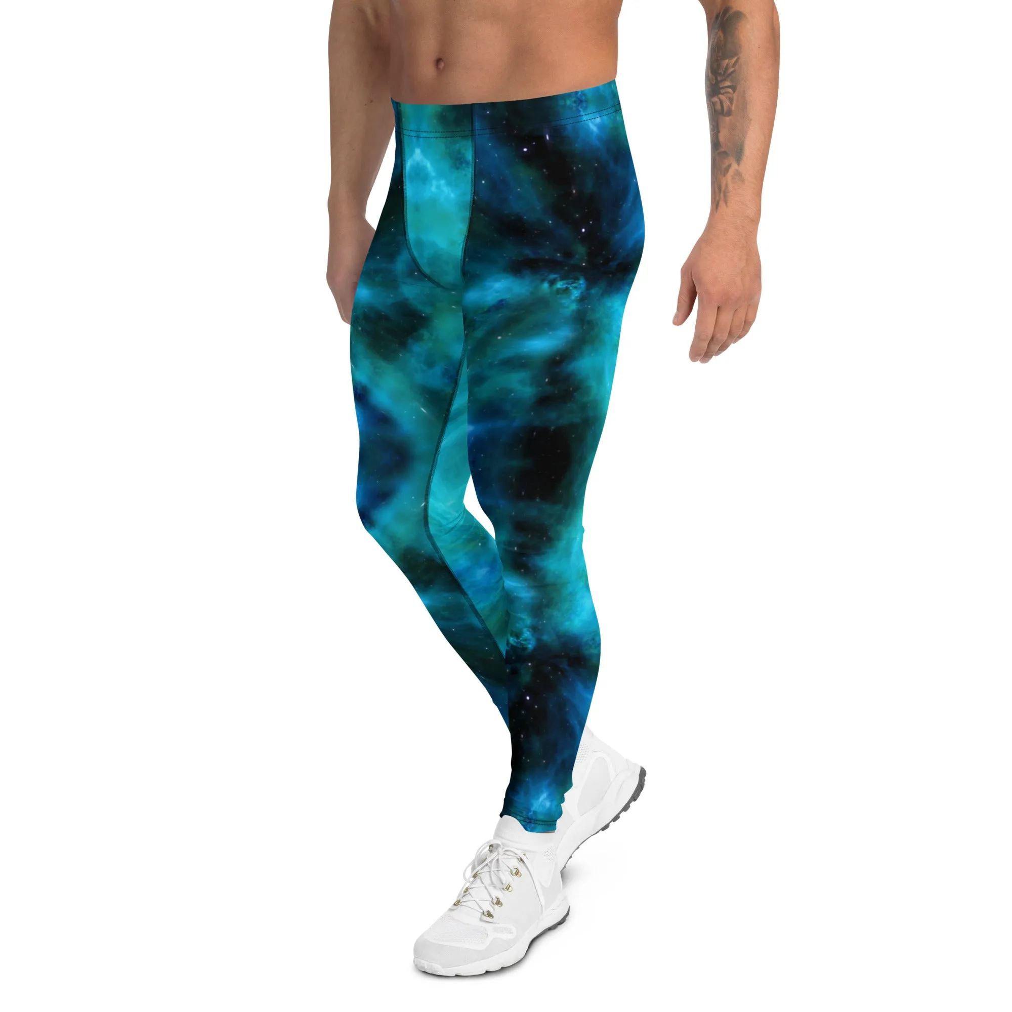 Blue Galaxy Men's Leggings, Mens Galaxy Lightning Storm Pants, Thunder Lightning Leggings For Men-Made in USA/EU/MX