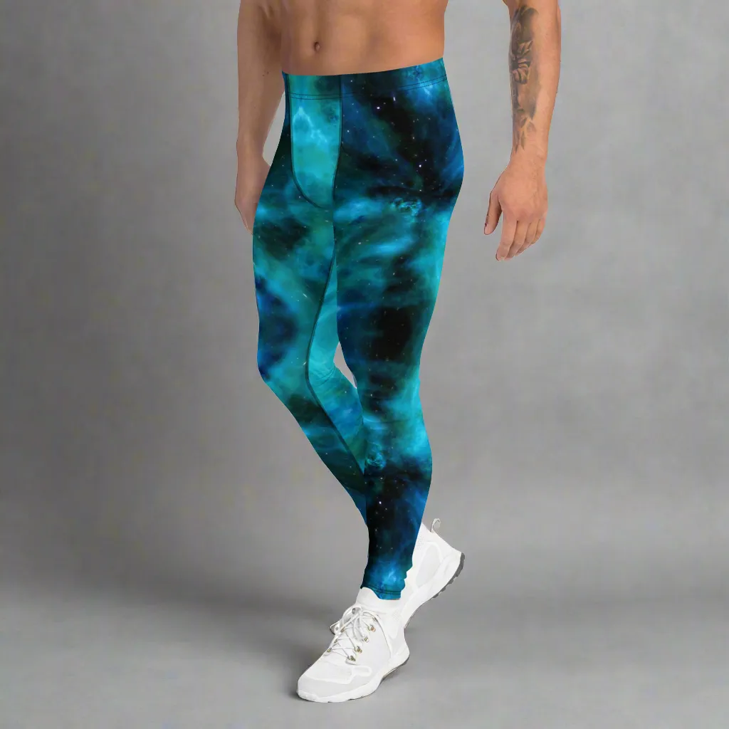 Blue Galaxy Men's Leggings, Mens Galaxy Lightning Storm Pants, Thunder Lightning Leggings For Men-Made in USA/EU/MX