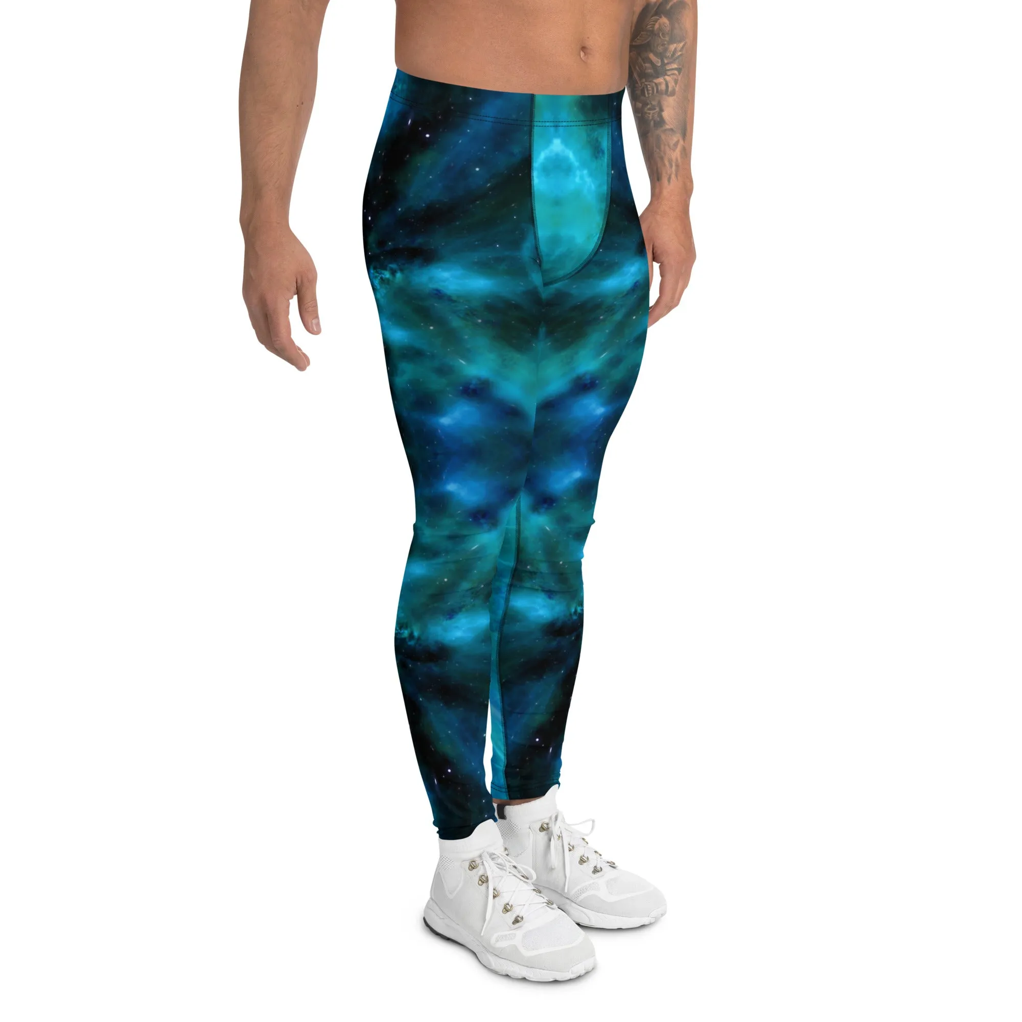 Blue Galaxy Men's Leggings, Mens Galaxy Lightning Storm Pants, Thunder Lightning Leggings For Men-Made in USA/EU/MX