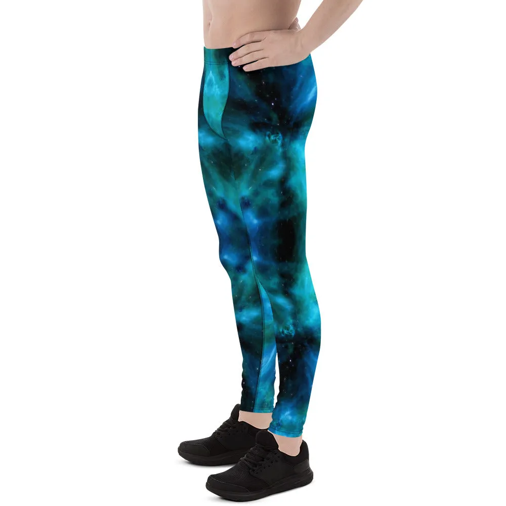 Blue Galaxy Men's Leggings, Mens Galaxy Lightning Storm Pants, Thunder Lightning Leggings For Men-Made in USA/EU/MX