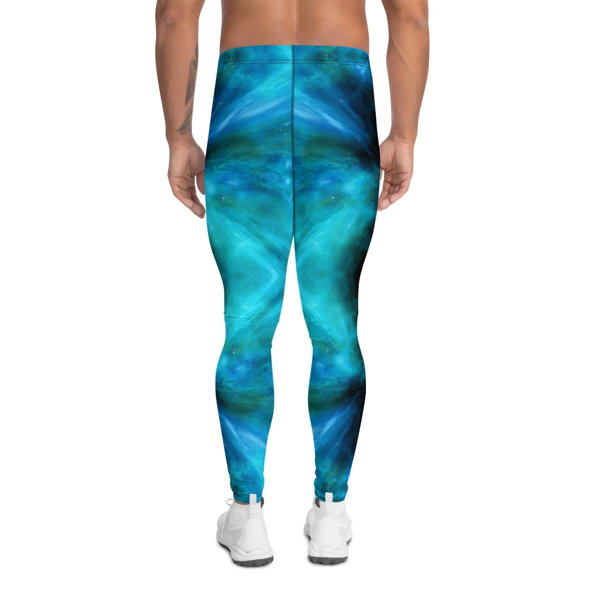 Blue Galaxy Men's Leggings, Mens Galaxy Lightning Storm Pants, Thunder Lightning Leggings For Men-Made in USA/EU/MX