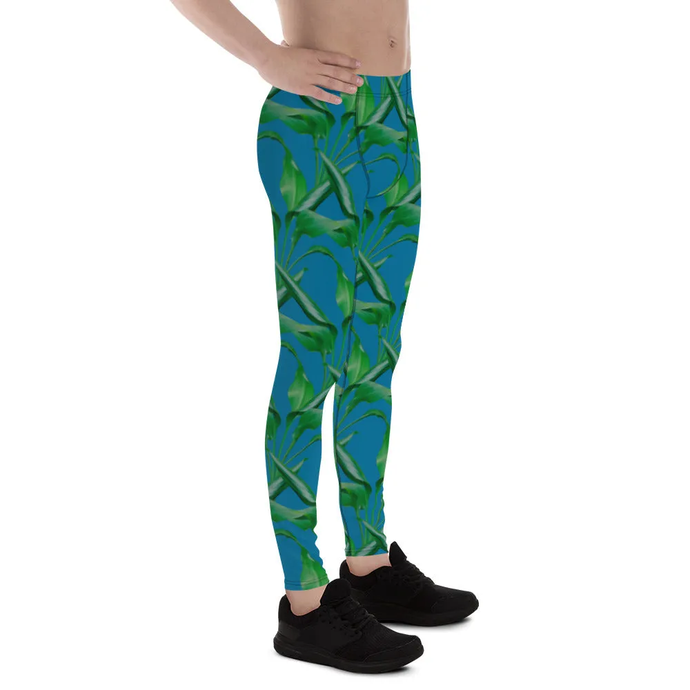 Blue Green Tropical Men's Leggings, Best Men's Leggings, Tropical Leaves Print Designer Running Compression Tights For Men - Made in USA/EU/MX