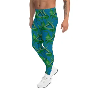 Blue Green Tropical Men's Leggings, Best Men's Leggings, Tropical Leaves Print Designer Running Compression Tights For Men - Made in USA/EU/MX