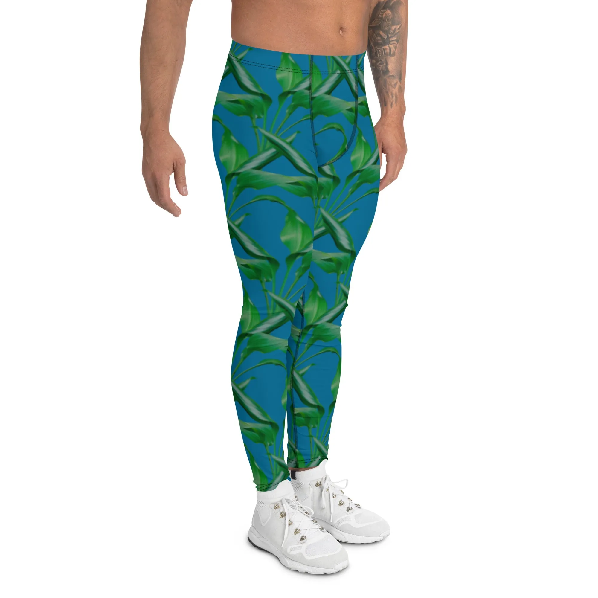 Blue Green Tropical Men's Leggings, Best Men's Leggings, Tropical Leaves Print Designer Running Compression Tights For Men - Made in USA/EU/MX