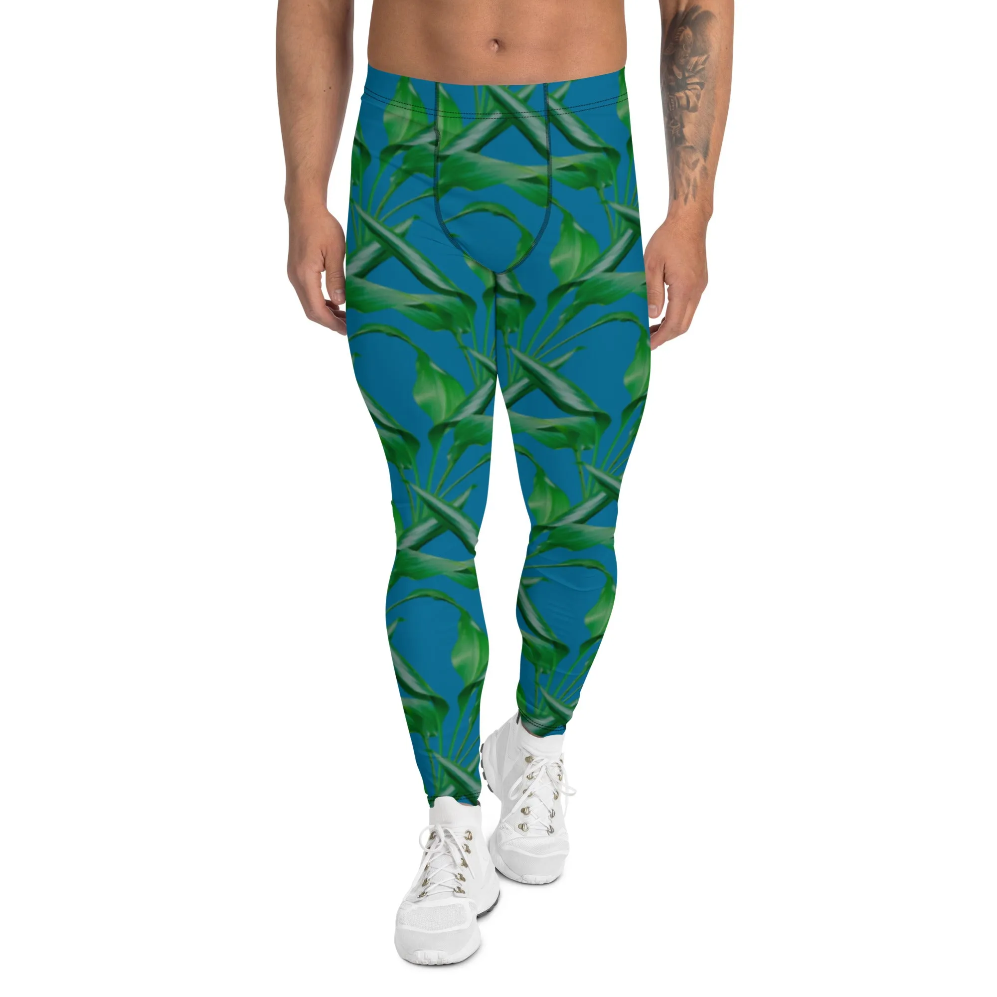 Blue Green Tropical Men's Leggings, Best Men's Leggings, Tropical Leaves Print Designer Running Compression Tights For Men - Made in USA/EU/MX