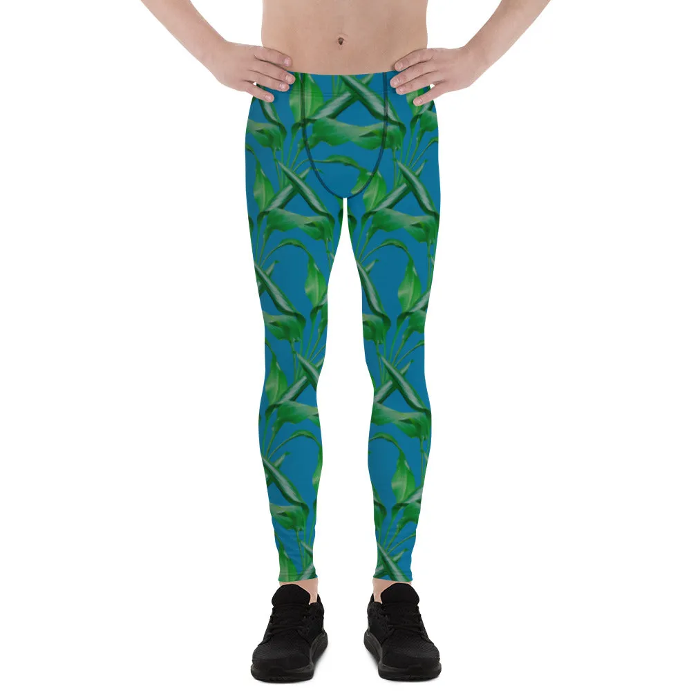 Blue Green Tropical Men's Leggings, Best Men's Leggings, Tropical Leaves Print Designer Running Compression Tights For Men - Made in USA/EU/MX