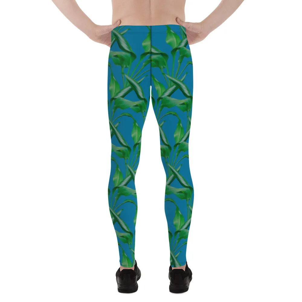 Blue Green Tropical Men's Leggings, Best Men's Leggings, Tropical Leaves Print Designer Running Compression Tights For Men - Made in USA/EU/MX