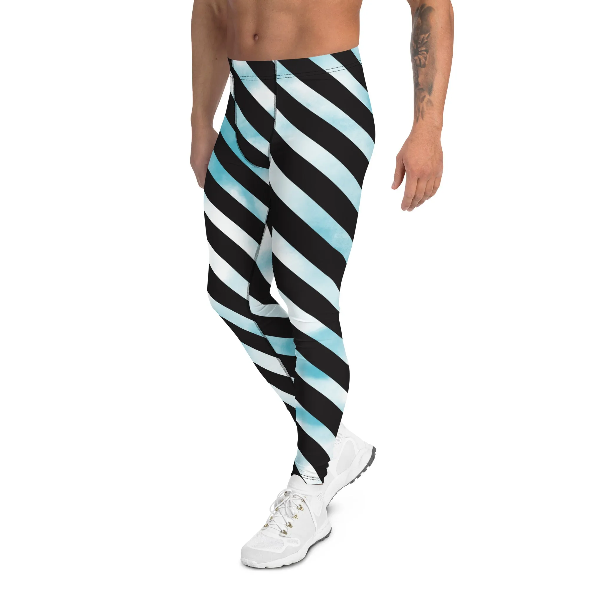 Blue Tie Dye Meggings, Designer Diagonal Striped Men's Leggings Compression Tights For Men - Made in USA/EU/MX