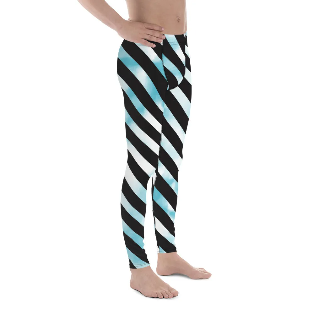 Blue Tie Dye Meggings, Designer Diagonal Striped Men's Leggings Compression Tights For Men - Made in USA/EU/MX