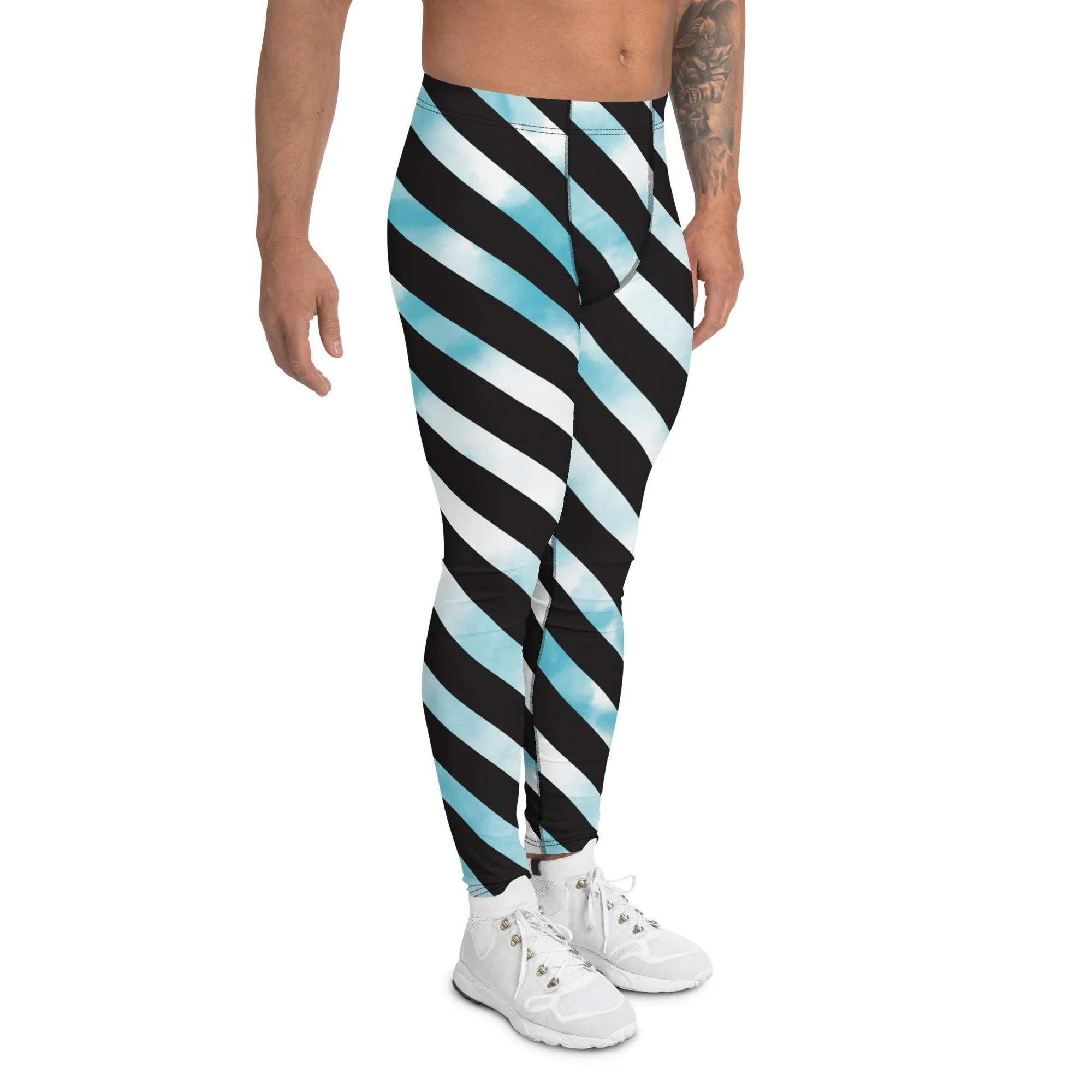 Blue Tie Dye Meggings, Designer Diagonal Striped Men's Leggings Compression Tights For Men - Made in USA/EU/MX