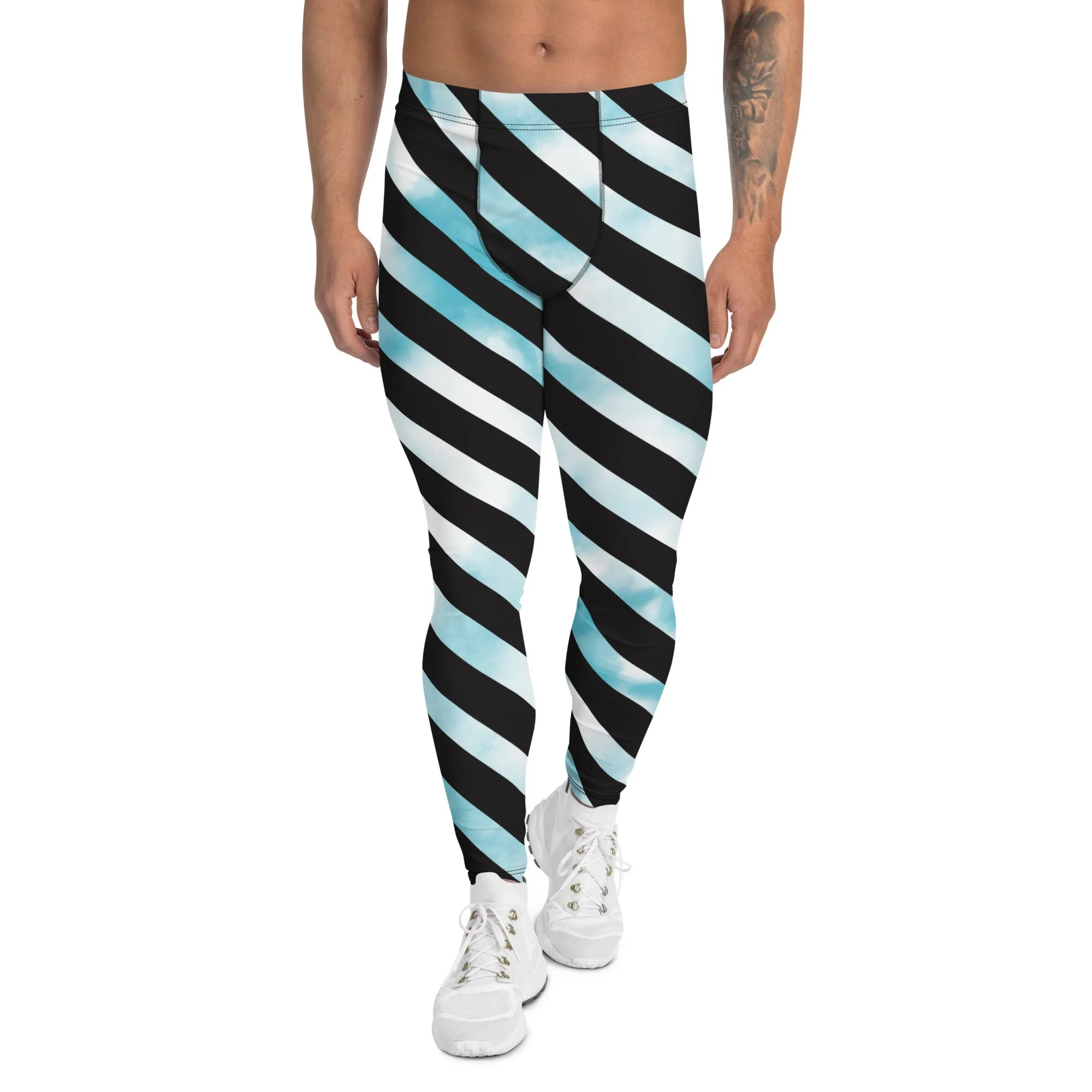 Blue Tie Dye Meggings, Designer Diagonal Striped Men's Leggings Compression Tights For Men - Made in USA/EU/MX