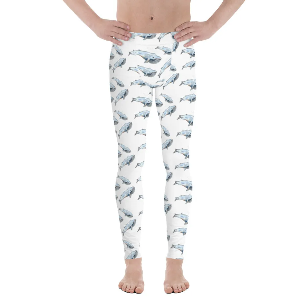 Blue Whale Men's White Leggings, Men's Watercolor Whale Run Compression Tights - Made in USA/EU