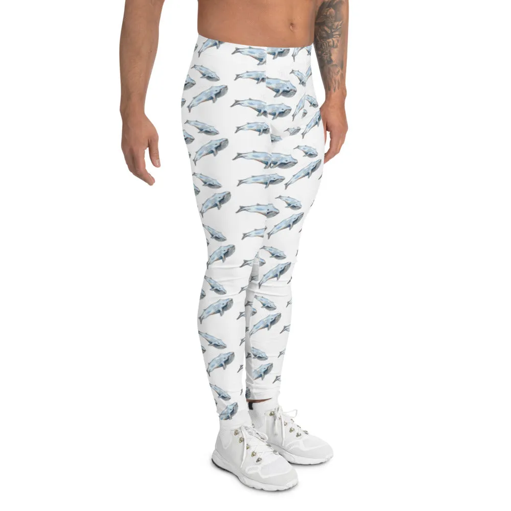 Blue Whale Men's White Leggings, Men's Watercolor Whale Run Compression Tights - Made in USA/EU