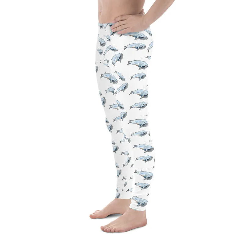 Blue Whale Men's White Leggings, Men's Watercolor Whale Run Compression Tights - Made in USA/EU