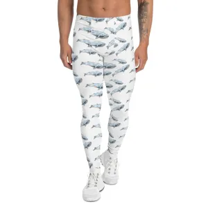 Blue Whale Men's White Leggings, Men's Watercolor Whale Run Compression Tights - Made in USA/EU