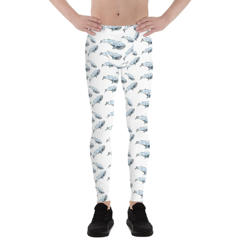 Blue Whale Men's White Leggings, Men's Watercolor Whale Run Compression Tights - Made in USA/EU