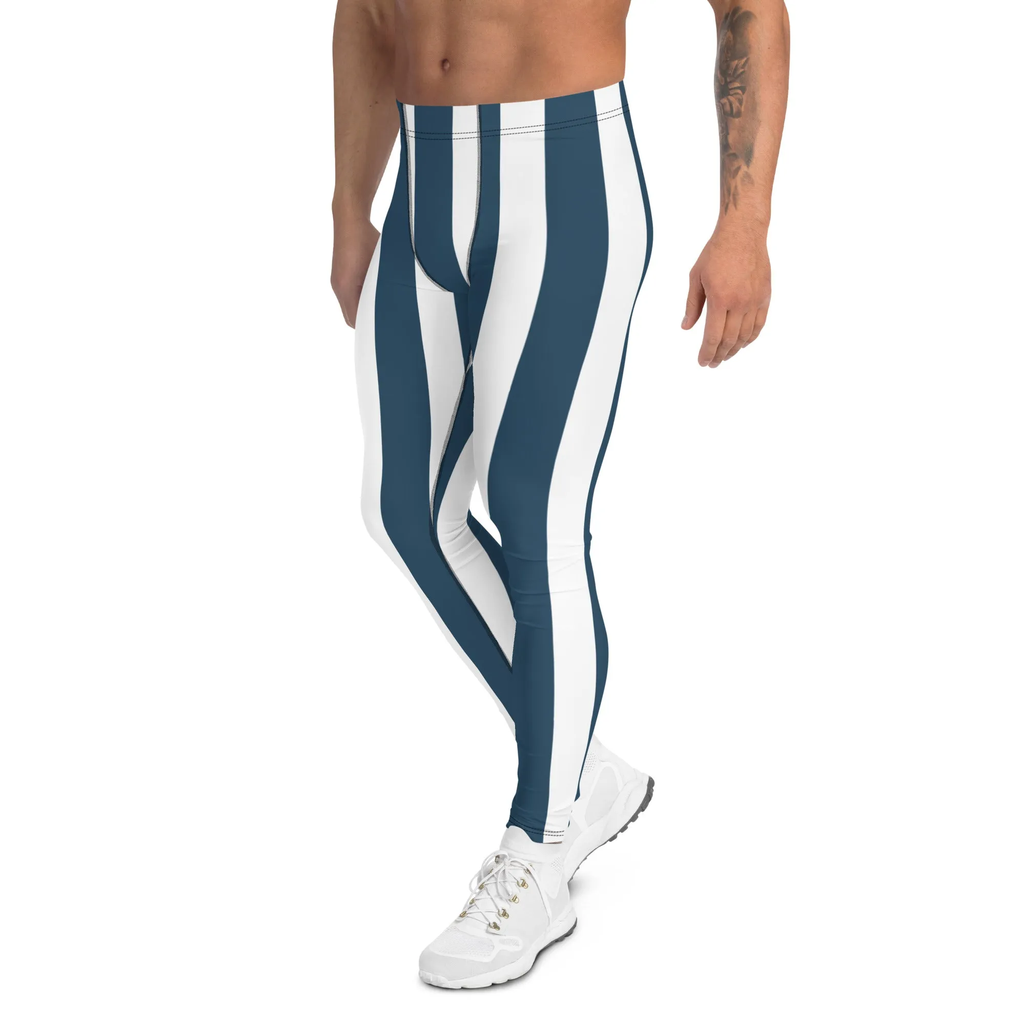 Blue White Stripes Men's Leggings, Colorful Patterned Designer Best Men's Leggings - Made in USA/EU/MX