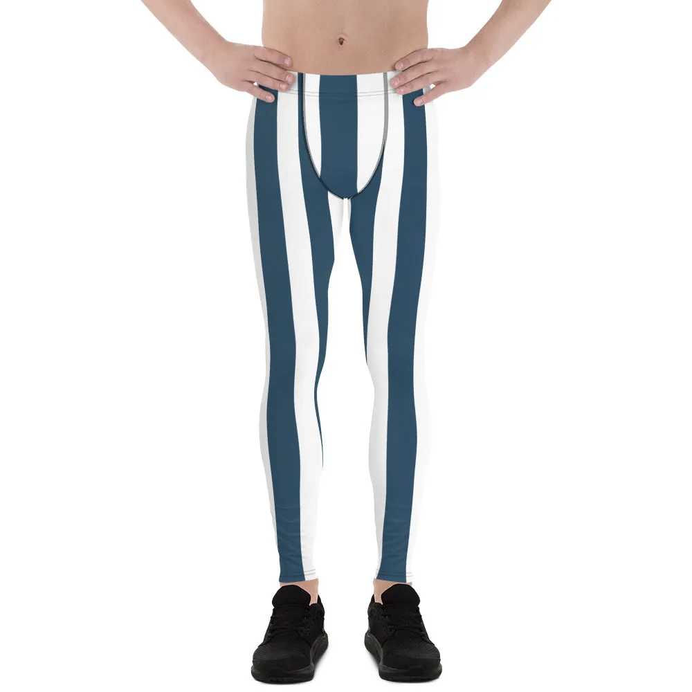 Blue White Stripes Men's Leggings, Colorful Patterned Designer Best Men's Leggings - Made in USA/EU/MX