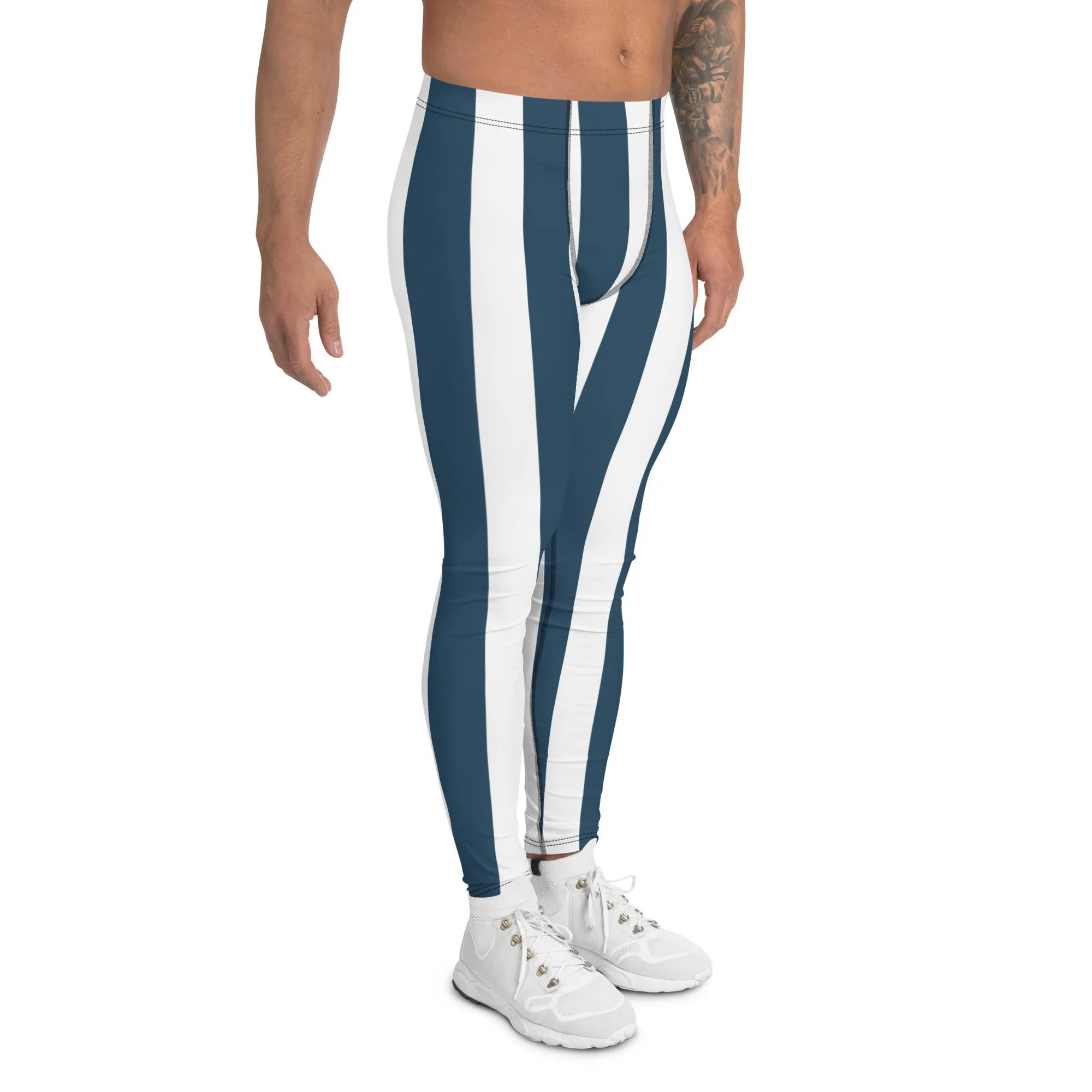 Blue White Stripes Men's Leggings, Colorful Patterned Designer Best Men's Leggings - Made in USA/EU/MX