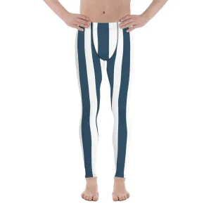 Blue White Stripes Men's Leggings, Colorful Patterned Designer Best Men's Leggings - Made in USA/EU/MX