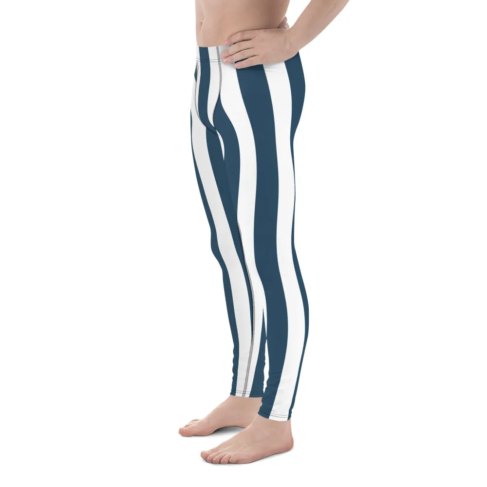 Blue White Stripes Men's Leggings, Colorful Patterned Designer Best Men's Leggings - Made in USA/EU/MX