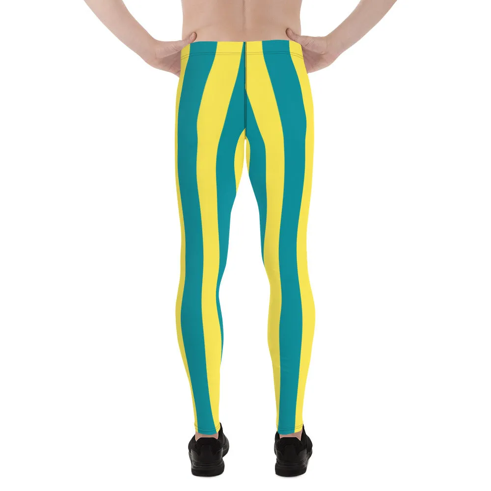 Blue Yellow Stripes Men's Leggings, Colorful Patterned Designer Best Men's Leggings - Made in USA/EU/MX