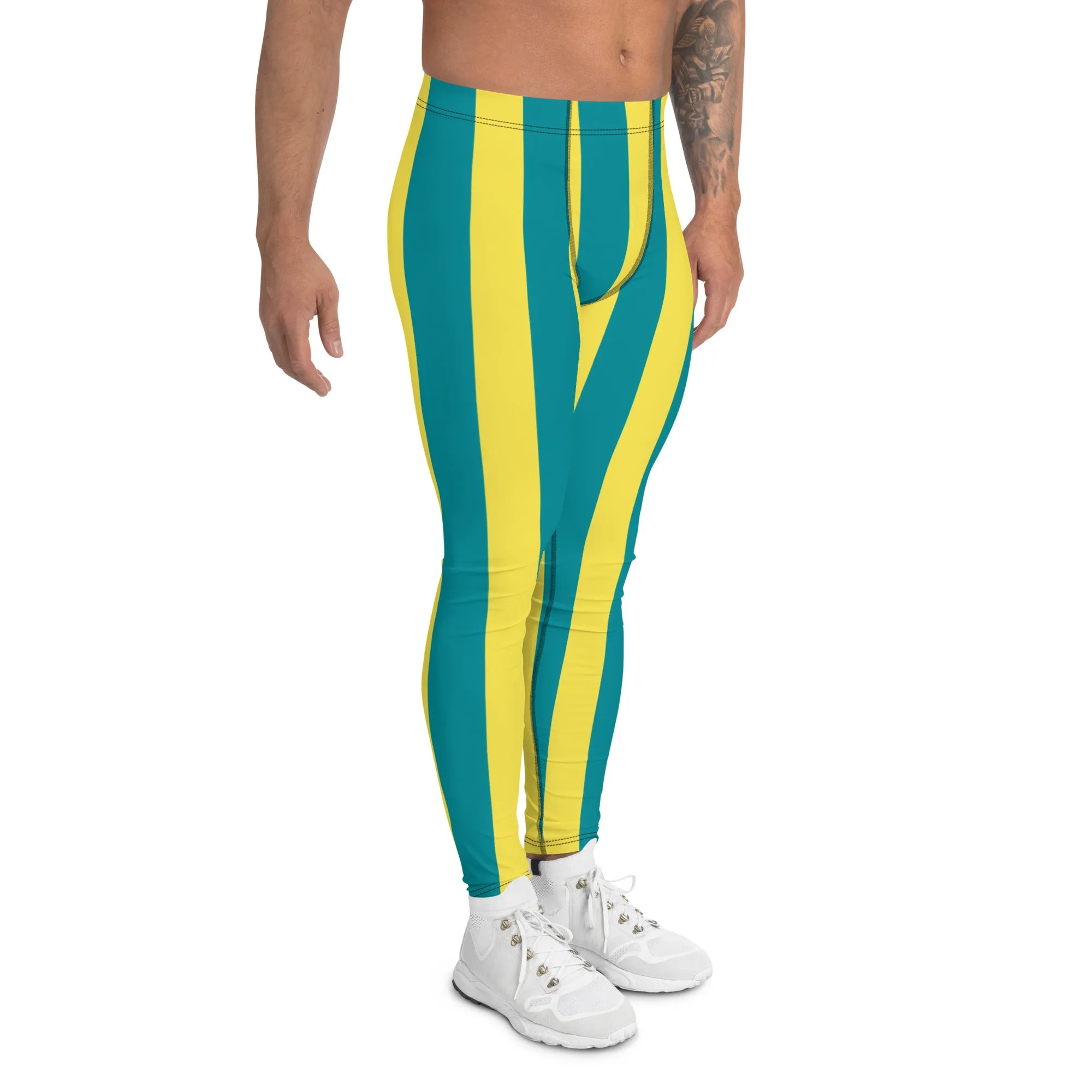 Blue Yellow Stripes Men's Leggings, Colorful Patterned Designer Best Men's Leggings - Made in USA/EU/MX