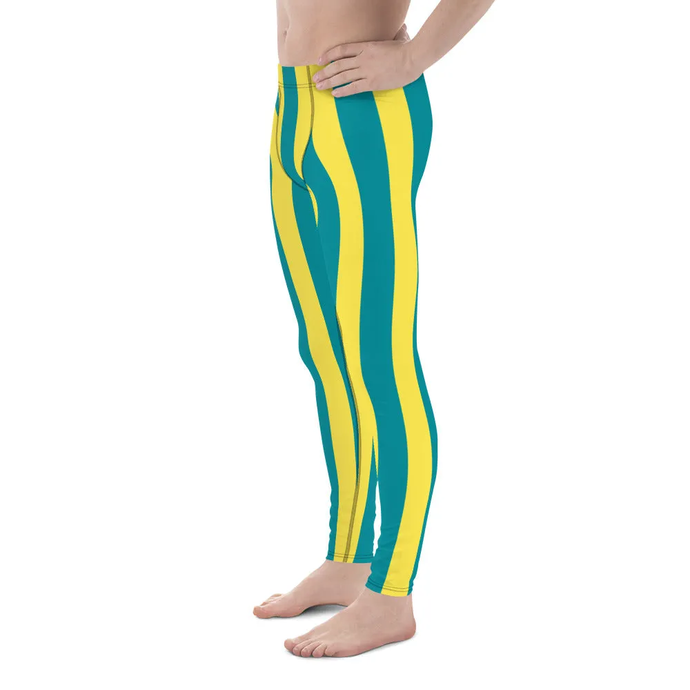 Blue Yellow Stripes Men's Leggings, Colorful Patterned Designer Best Men's Leggings - Made in USA/EU/MX