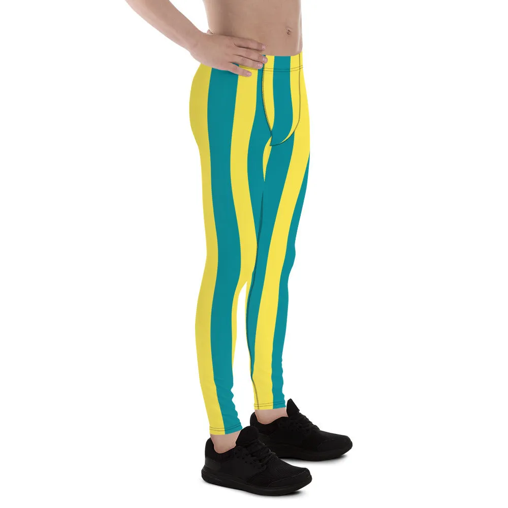 Blue Yellow Stripes Men's Leggings, Colorful Patterned Designer Best Men's Leggings - Made in USA/EU/MX