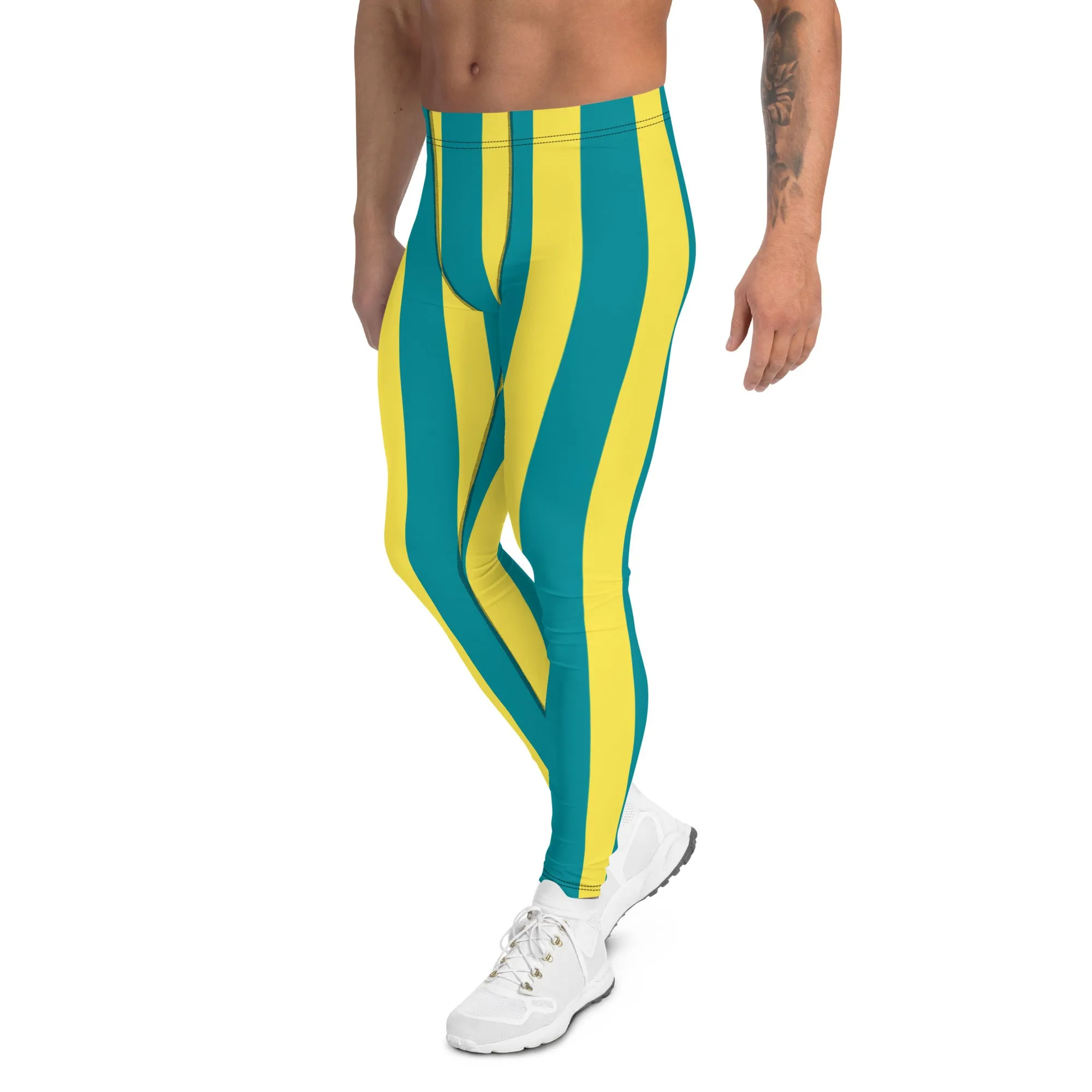 Blue Yellow Stripes Men's Leggings, Colorful Patterned Designer Best Men's Leggings - Made in USA/EU/MX