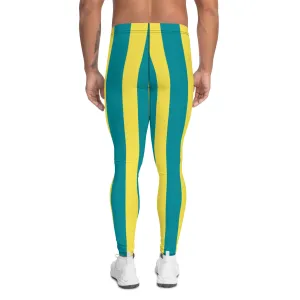 Blue Yellow Stripes Men's Leggings, Colorful Patterned Designer Best Men's Leggings - Made in USA/EU/MX