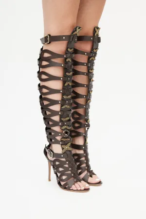 Brown Leather Thigh High Cage Boot