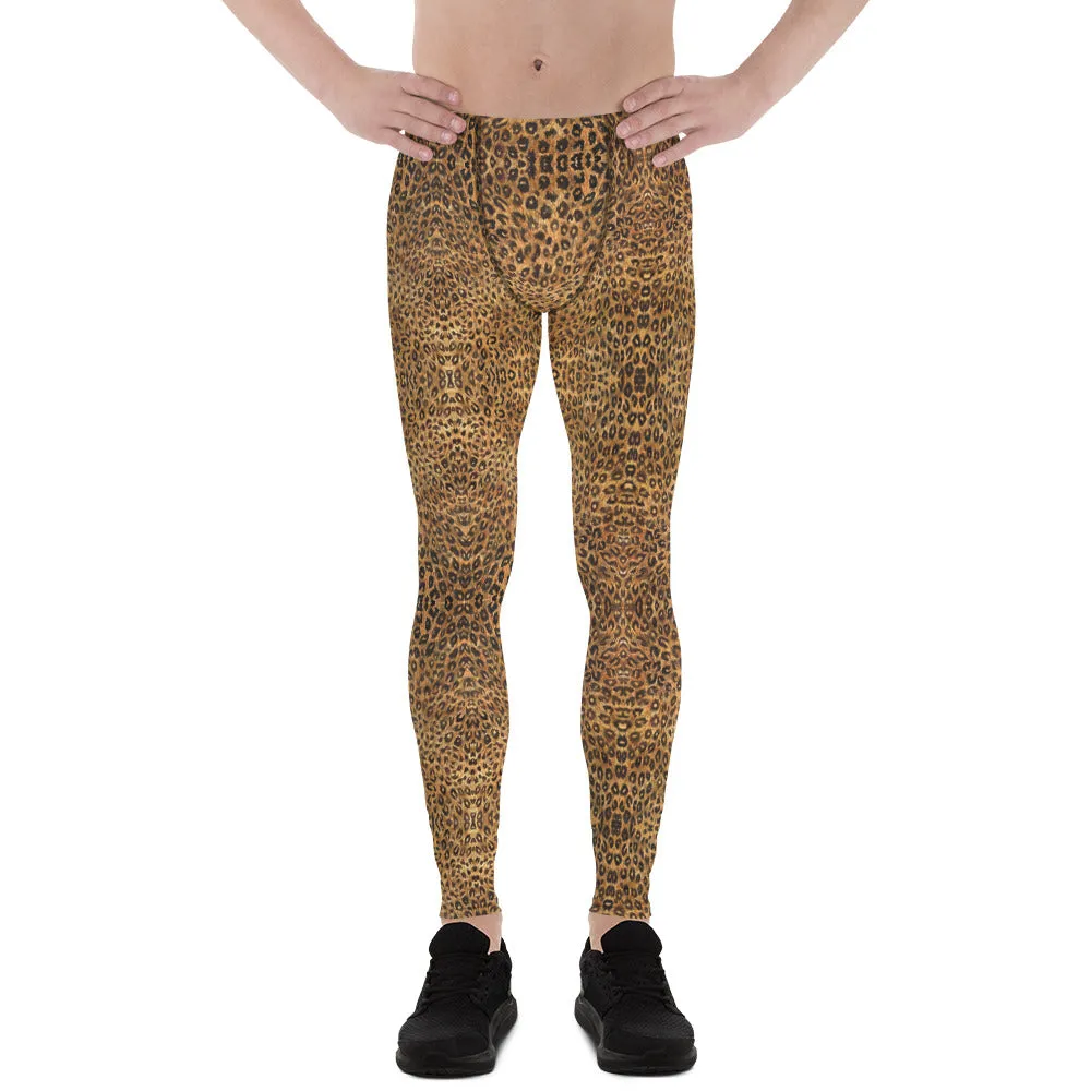 Brown Leopard Men's Leggings, Animal Print Meggings Compression Tights-Made in USA/EU