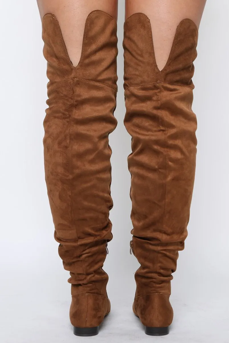 Camel Suede Split Back Flat Over The Knee Boots - Cersei