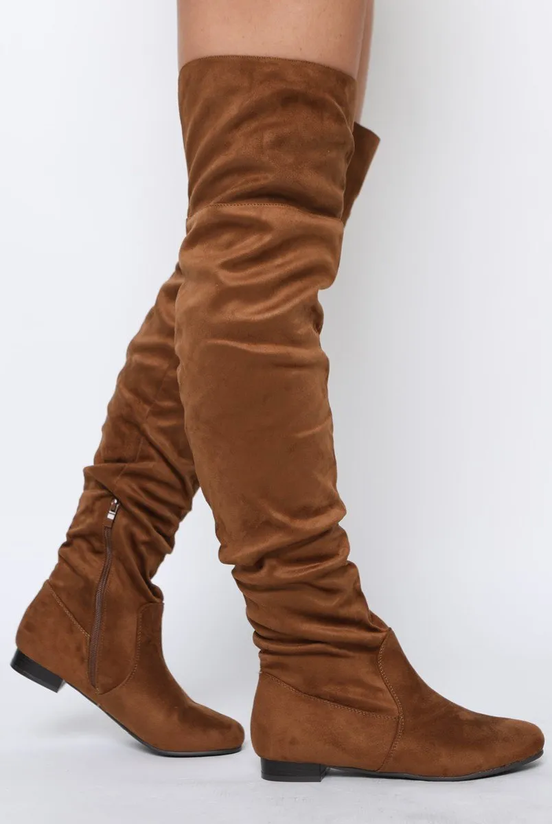 Camel Suede Split Back Flat Over The Knee Boots - Cersei