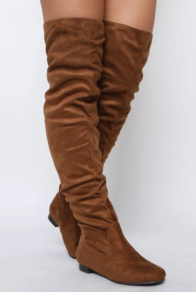 Camel Suede Split Back Flat Over The Knee Boots - Cersei