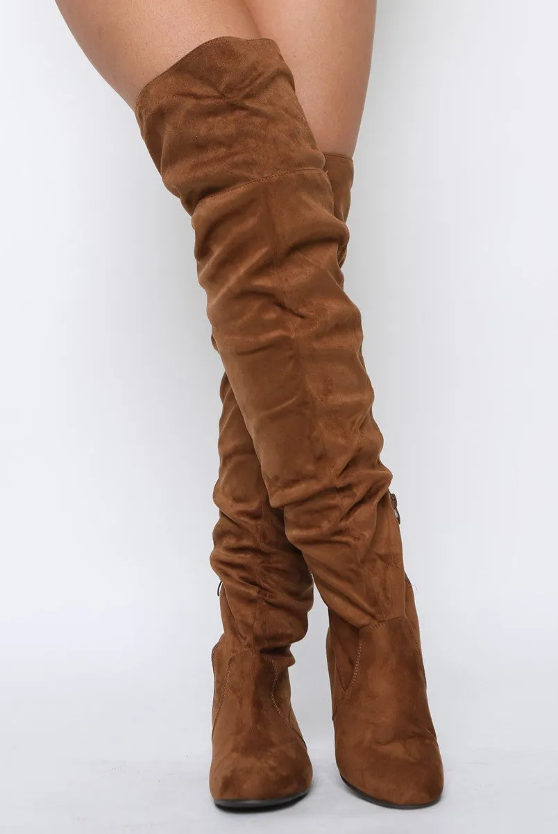 Camel Suede Split Back Flat Over The Knee Boots - Cersei