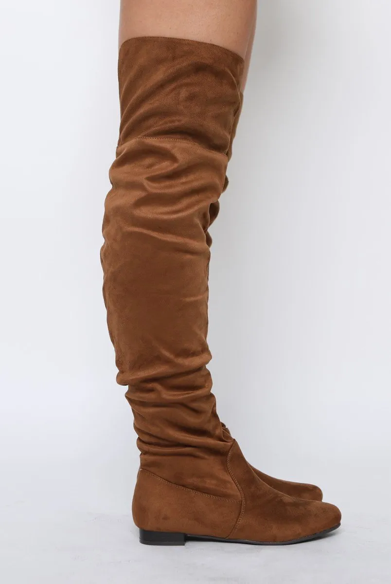 Camel Suede Split Back Flat Over The Knee Boots - Cersei