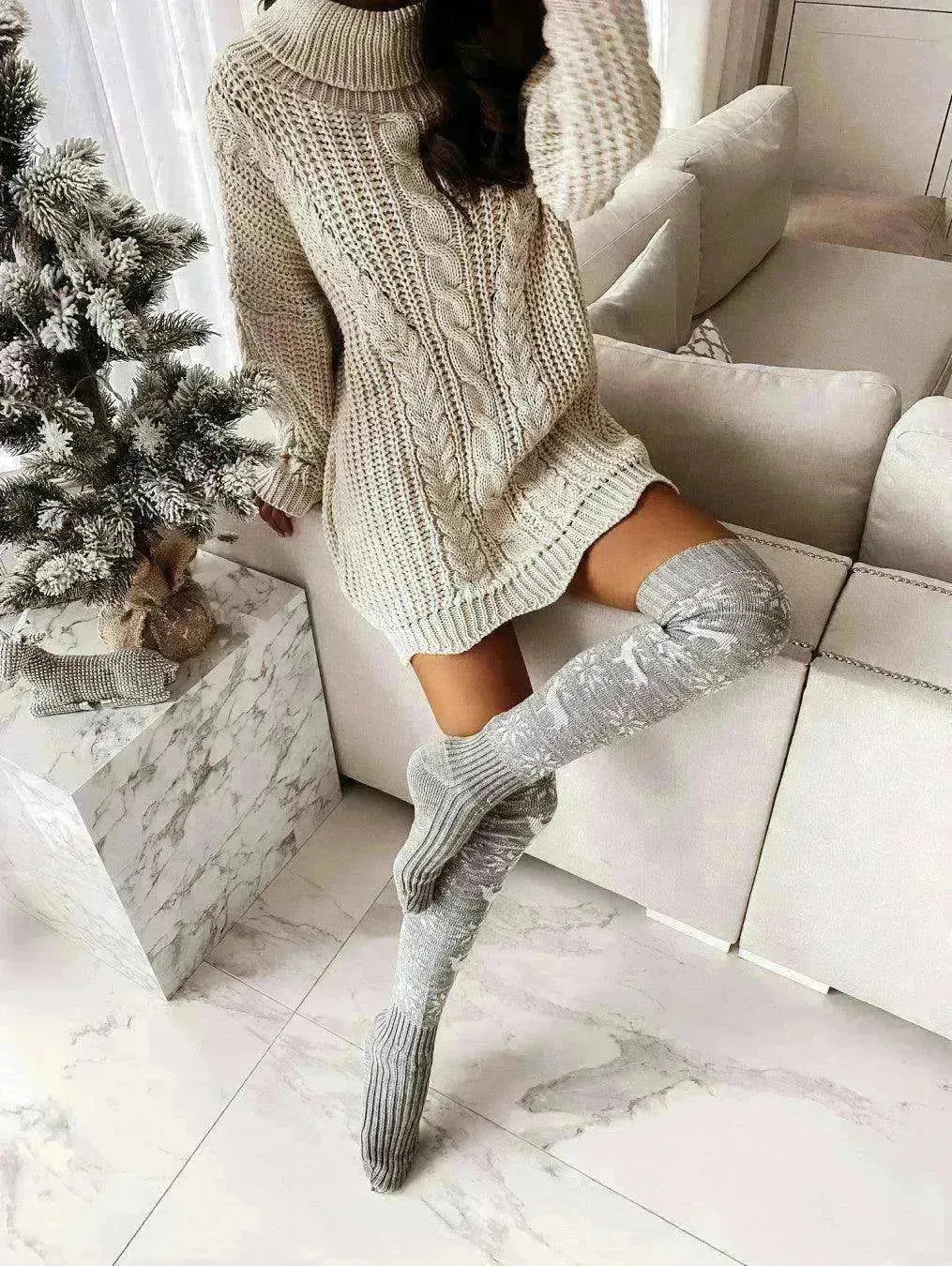 Christmas Knitted Cotton Woolen Thigh-High Deer Socks