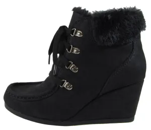 City Classified Women's Faux Fur Lace Up Moccasin Wedge Ankle Bootie