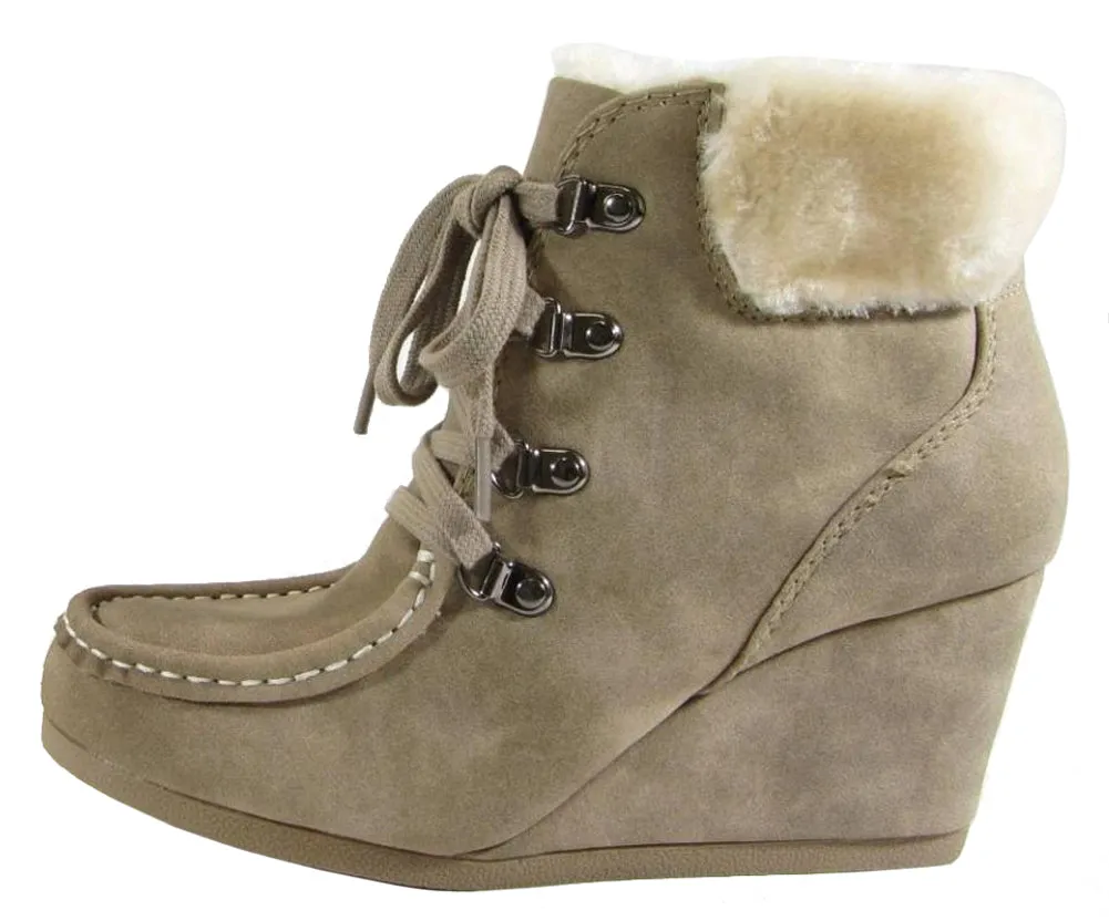 City Classified Women's Faux Fur Lace Up Moccasin Wedge Ankle Bootie