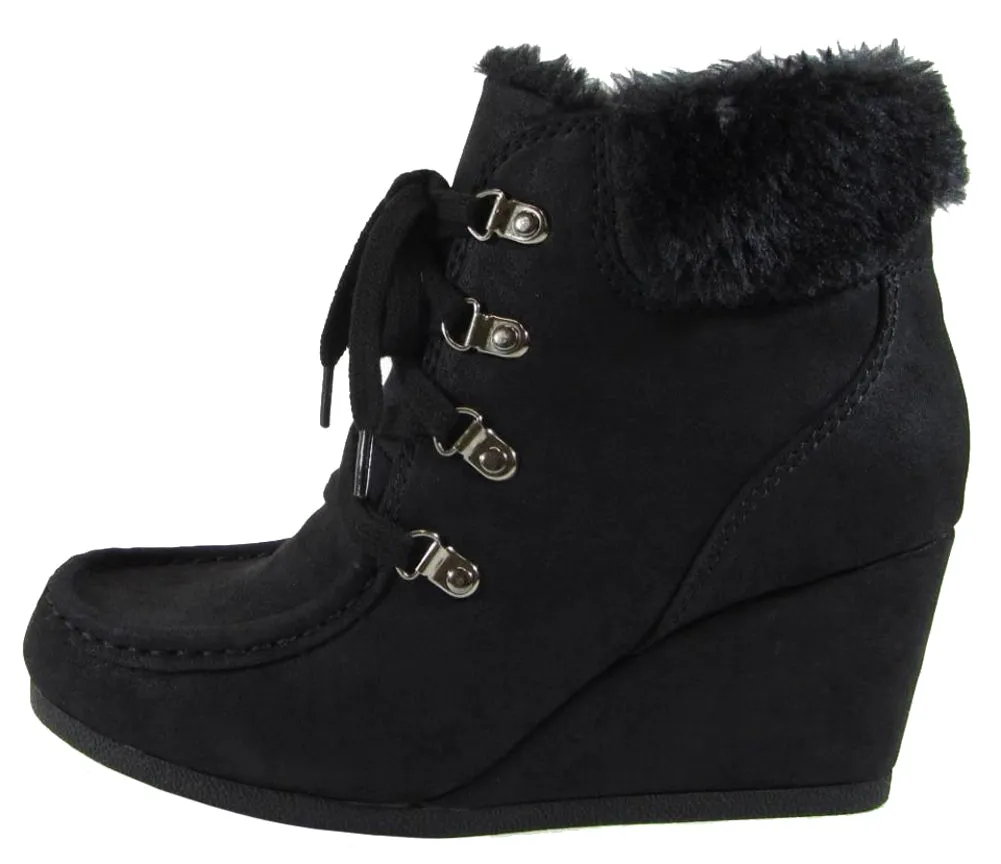 City Classified Women's Faux Fur Lace Up Moccasin Wedge Ankle Bootie