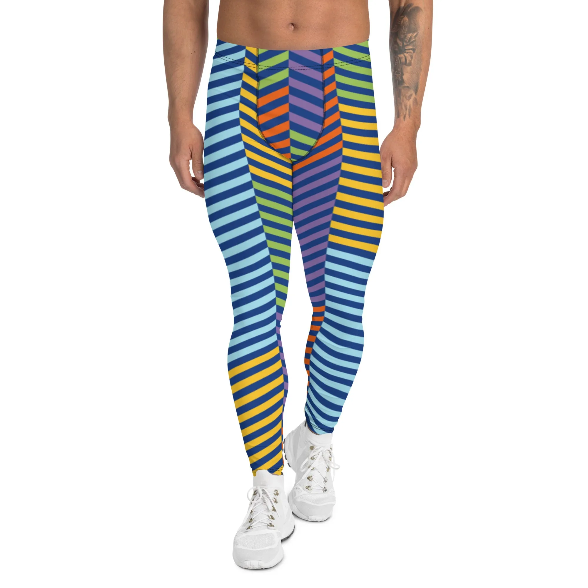 Colorful Stripes Best Men's Leggings, Striped Colors Men's Leggings, Colorful Gym Tights For Men - Made in USA/EU/MX