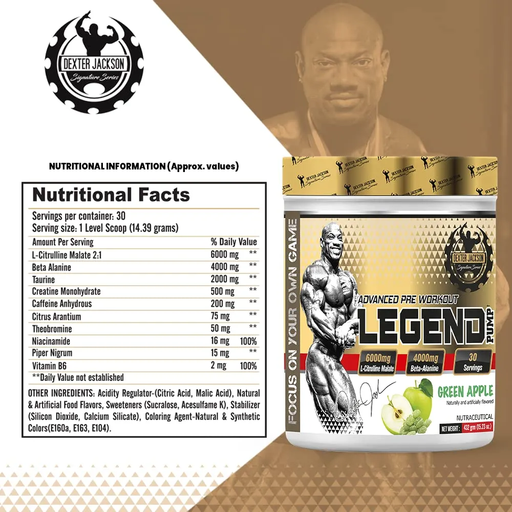 Dexter Jackson Legend Pump | Advanced Pre-workout Formula | Green Apple Flavor | 432 Gram